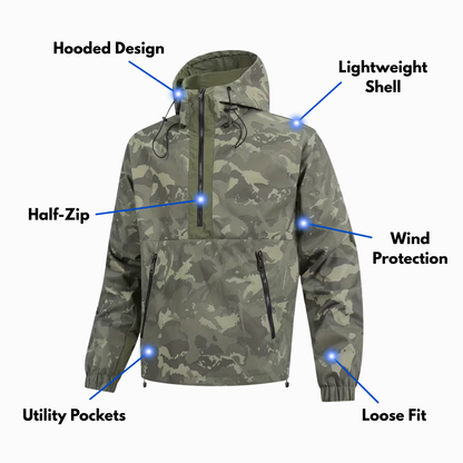 Men’s Camo Half-Zip Hooded Jacket – Lightweight Shell
