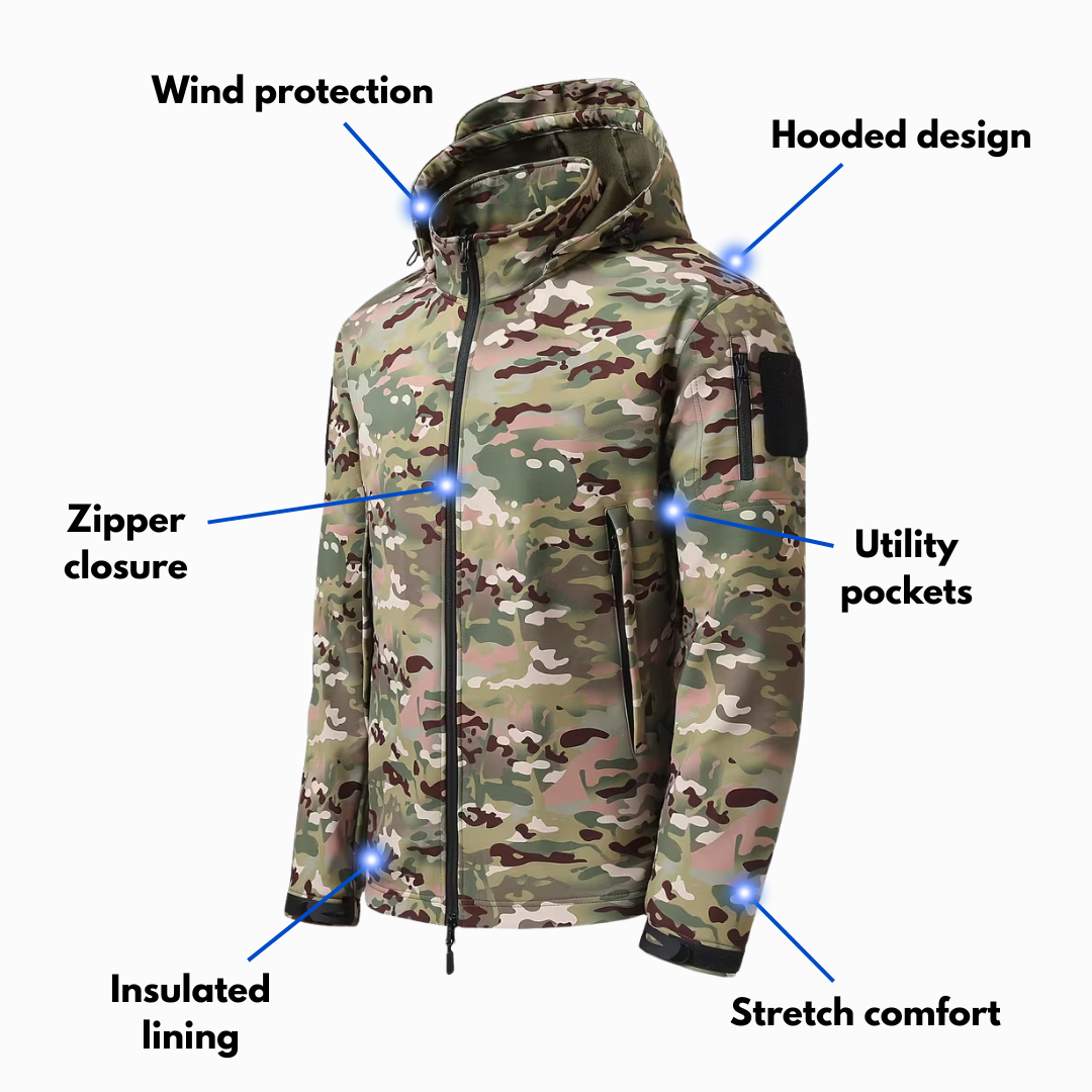 Men’s Outdoor Lined Camouflage Jacket – Waterproof – Hooded Soft Shell